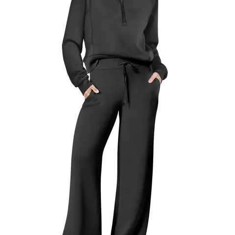 Women's Plus Size 2-Piece Fashion Basic Clothing Set - Long Sleeves Zipper Sweatshirt, Comfortable Fabric Wide-Leg Spandex Trousers with Functional Pockets for Everyday Wear