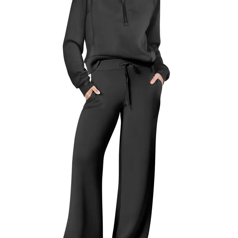 Women's Plus Size 2-Piece Fashion Basic Clothing Set - Long Sleeves Zipper Sweatshirt, Comfortable Fabric Wide-Leg Spandex Trousers with Functional Pockets for Everyday Wear