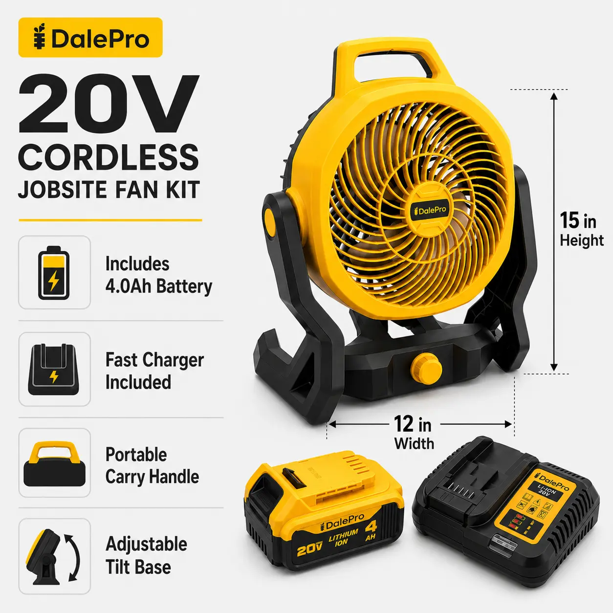 Cordless Portable Jobsite Fan 15” x 12” with 4.0Ah Battery and Charger, Compatible with Dewalt 20V System