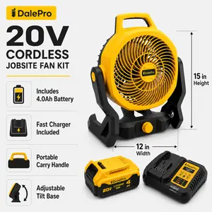Cordless Portable Jobsite Fan 15” x 12” with 4.0Ah Battery and Charger, Compatible with Dewalt 20V System