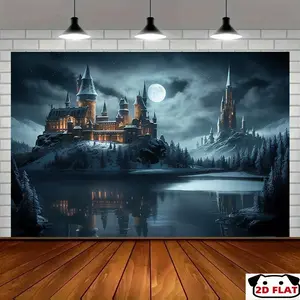 2D Flat Banner 1pc, Magic Castle Wizard World Night Sky Party Banner - Enchanted Fantasy Decor Snow - Capped Castles, Moonlit Sky & Reflective Waters, Wall Art Home, Room, or Party Backdrop, Fantasy Event De