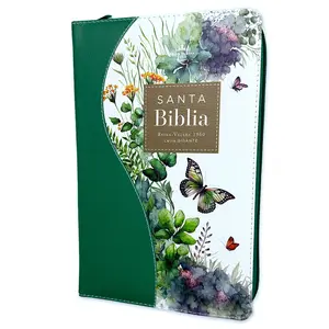 Bible in Spanish with Zipper 14 Point Giant Font Reina Valera 1960 Imitation Leather Green Floral Butterfly with Index