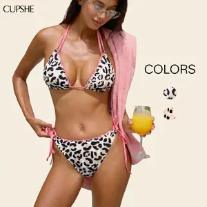 CUPSHE Women's Pink Leopard Print Low-Rise Diamond Neckline Halter-Strap Cup-Shaped Bikini Set, Light Bust Support, Bikini Swim Top, Swim Sets for Women, Beach Outfits #DealsForYouDays