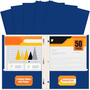 Blue Paper 2 Pocket Folders with Prongs, 50 Pack, Matte Texture, Letter Size Paper Folders, 50 Pack, with 3 Metal Prong Fastener Clips, Blue