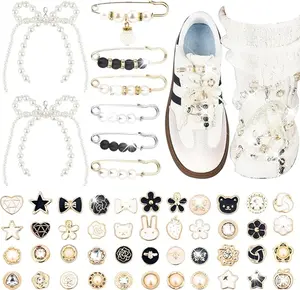 Bling 48 Pcs Pearl & Rhinestone Shoe Charms, Bow Buttons & Safety Pins for Sneakers, Socks, Laces & Footwear & Bridal Jewelry Comfort Decor