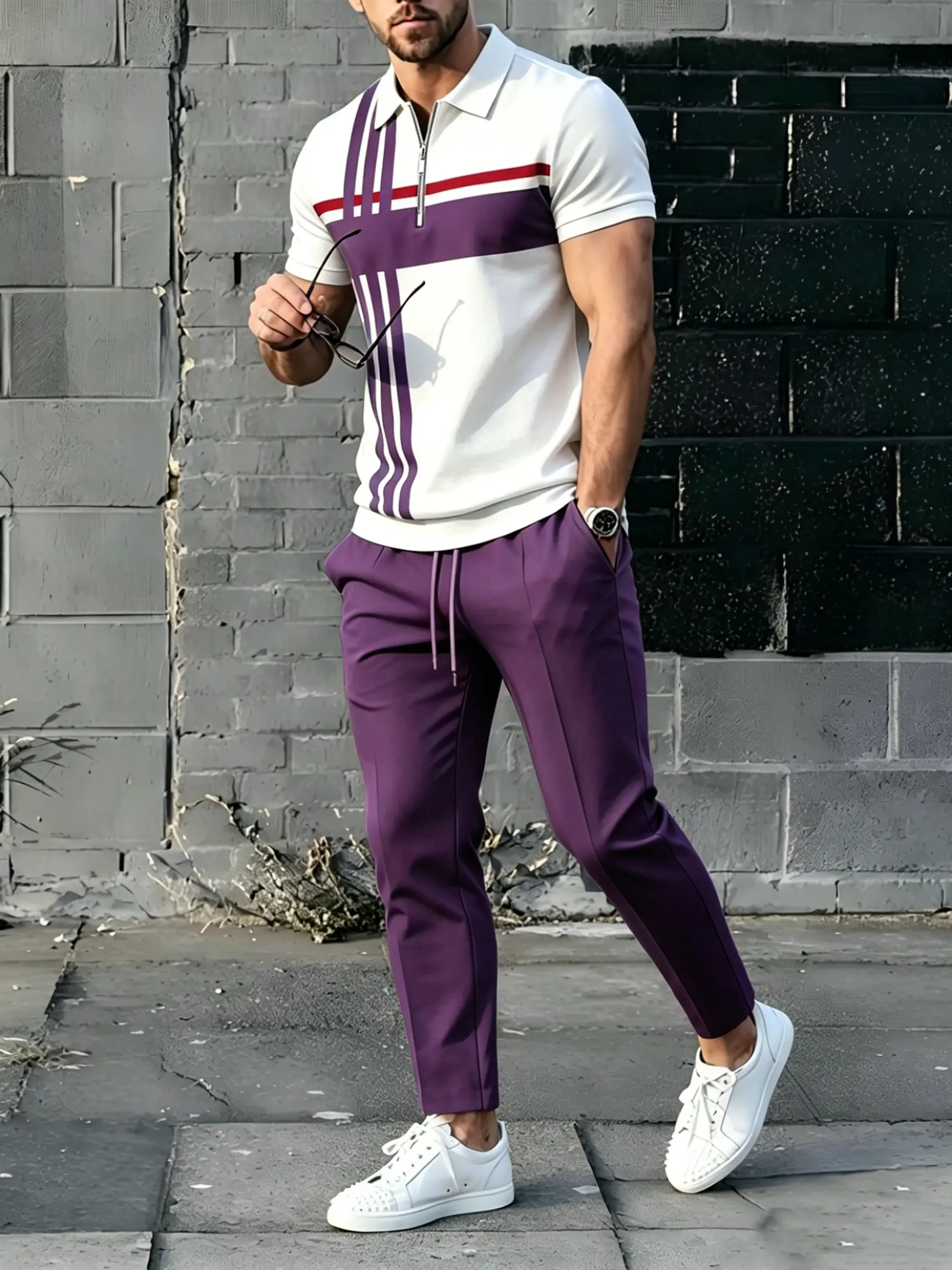 men's 2 piece sets New men's casual sports set with contrasting printed zipper collar short sleeved top and casual pants set, featuring geometric patterns in various colors and sizes, suitable for all seasons and can be used as a gift
