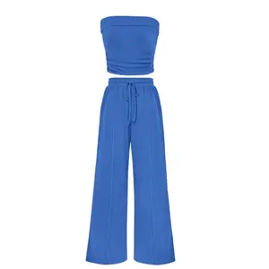 Womens Summer Outfits 2 Piece Sets Casual Ribbed Knit Crop Tube Top Wide Leg Pants Spring Matching Lounge Set#Summervibes#SwimWeek