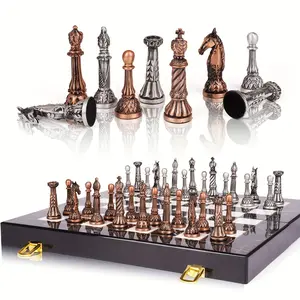Vintage Metal International Chess Set Adult Marble Pattern Chessboard with Chess Pieces Travel International Chess Set with Metal Pieces Folding Chessboard Perfect for Beginners and Professional Players
