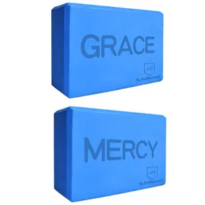GodServant Inspirational Blue Yoga Blocks 2 pack – Grace and Mercy; EVA Foam Exercise Block; Non-Slip and Lightweight; Improve Flexibility; Deepen Stretches; Pilates Brick