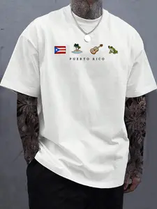 Men's Casual Short Sleeve T-Shirt, Tropical Flag Coconut Island Guitar Frog Print, Letter Pattern, Comfortable Fabric, Regular Fit, Daily Wear