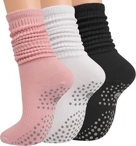 Grip Pilates Socks for Women Yoga Slouch Socks with Grip for Barre Workout Hospital Long Scrunch Slipper Socks Comfortable Fit for Extended Wear