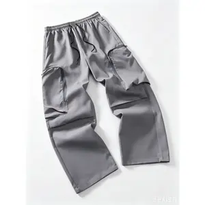 Men's Grey Techwear Cargo Pants Baggy Wide Leg Streetwear Trousers with Zipper Pockets, Water Resistant Utility Pants, Y2K Fashion, Acubi Style, Viral Outfit, Relaxed Fit, Trending 2026, Daily Wear Alphabet Print Loose Sweatpants casual