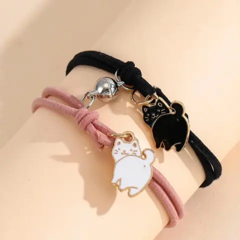 Cute Cartoon Cat Charm Magnetic Knot Rope Bracelet, 2pcs Fashion Matching Bracelet Accessories for Both Men & Women, Chic Gift for Couple & Friends, Valentine's Day, Gift