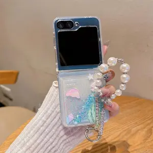 Dynamic Glitter Liquid Quicksand blue underwater world Flip Case For Samsung Galaxy Z FLIP 6 5 flip4 3 Luminous pearl Chain Case