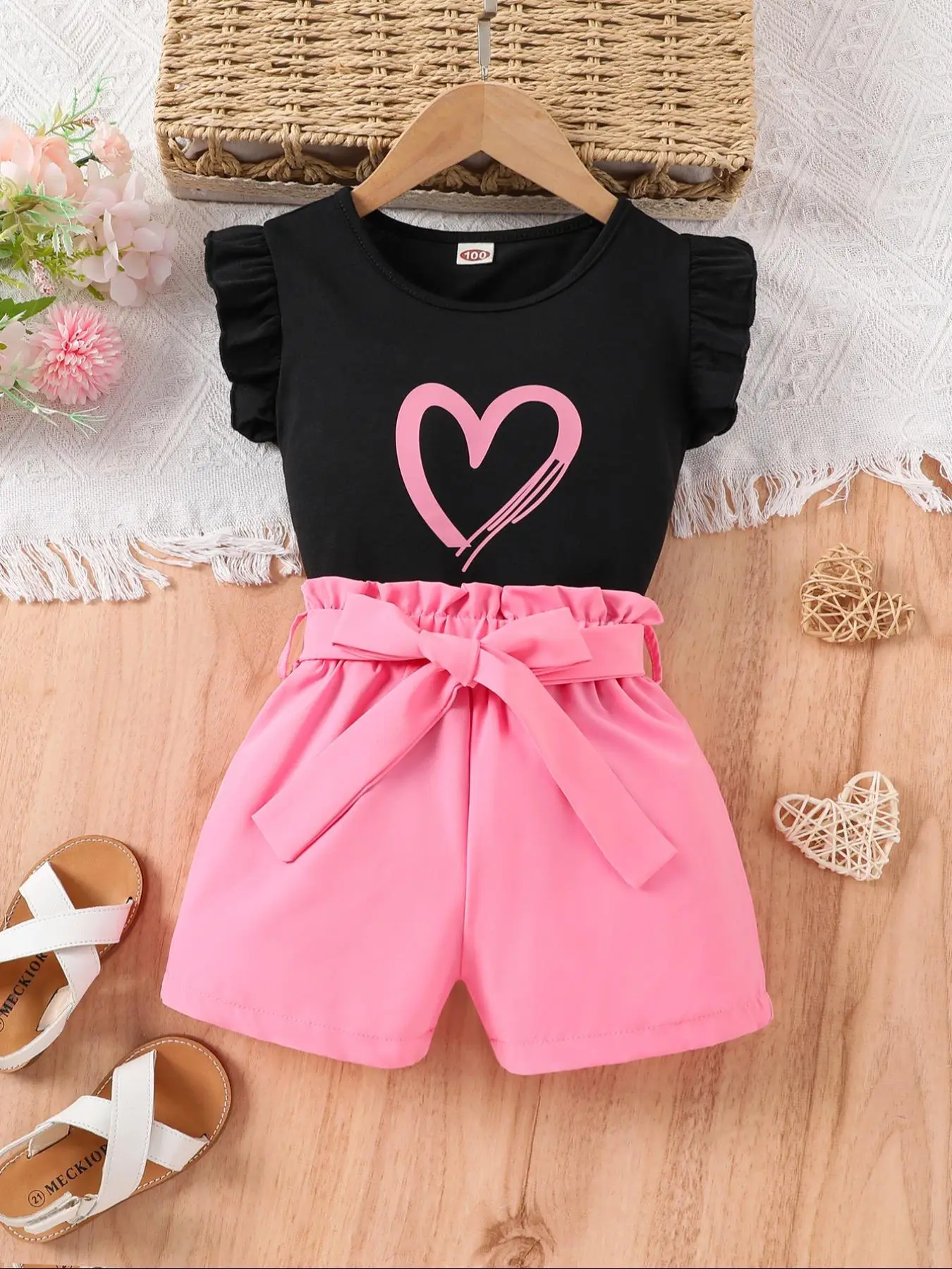 Toddler Girl's Heart Print Tank Top & Belted Shorts Two-piece Set, Cute Casual Crew Neck Top & Solid Color Shorts, Summer Outfits Clothes for Kids, Ba