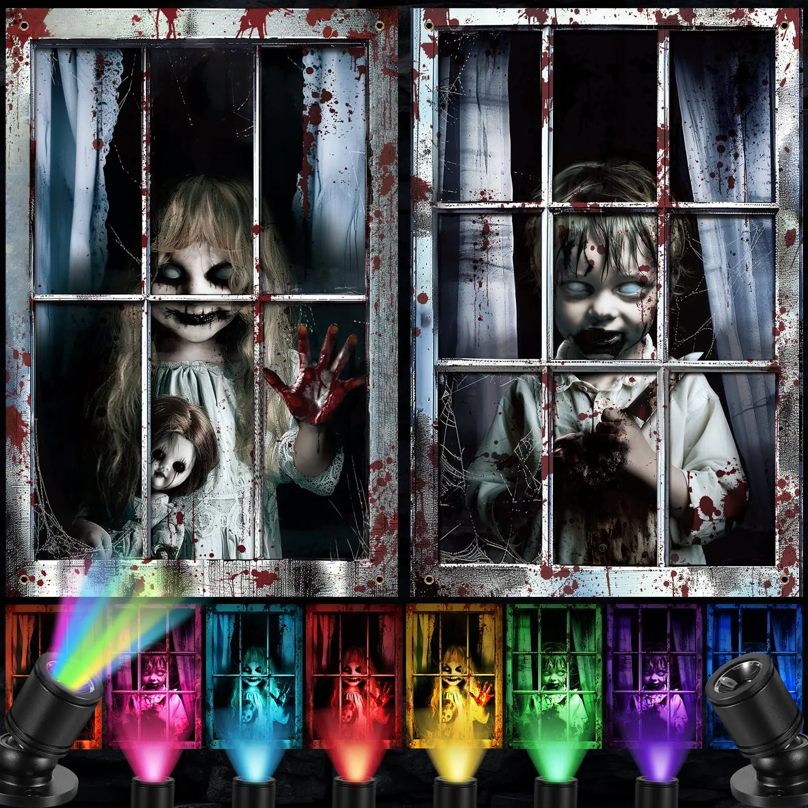 2Pcs Large Fabric Halloween Scary Window Cover Set with LED Spot Lights, USB Port, Spooky Silhouette Backdrop Curtains, Haunted House Party Decor Supplies for Indoor Wall, Outdoor Garage Door Ornaments