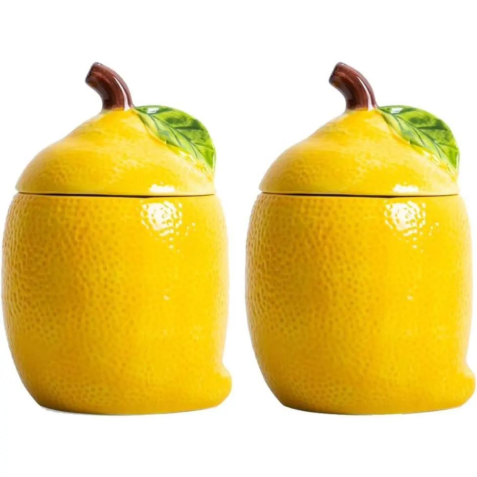 Vibrant Lemon Print 2-Piece Ceramic Food Storage Set - Lidded Cookie Jar, Tea Canister, Kitchen Countertop Organizer, Hand Wash Only, Gift Ready Attractive Gift, 4.3 x 6.7 in, Home Supplies Storage Bottles & Jars
