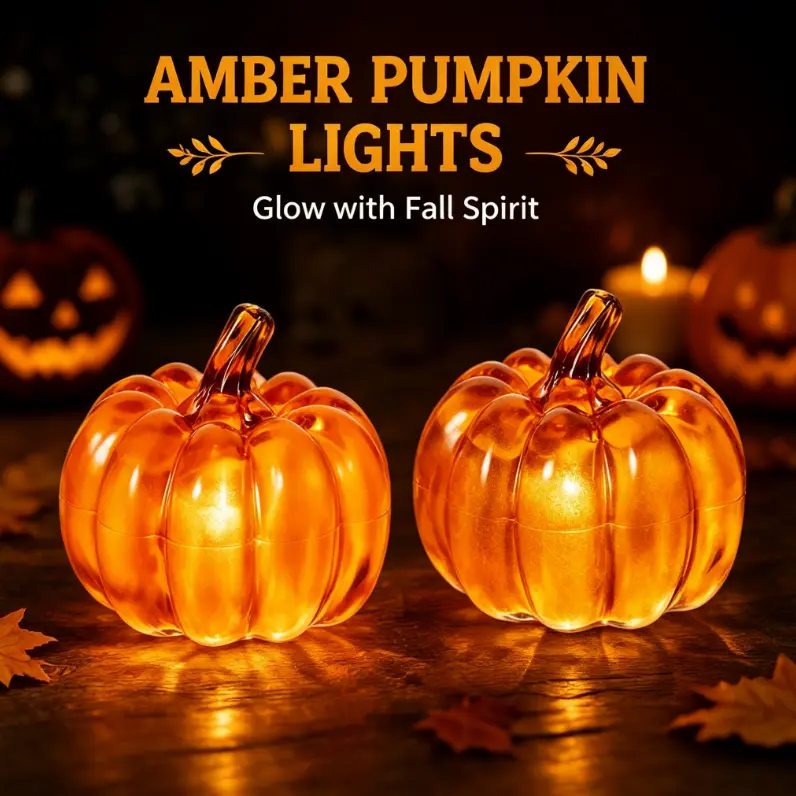 LED PVC Pumpkin Light, Battery Operated Amber Pumpkin Lamp, Fall Halloween Thanksgiving Tabletop Decor, Spooky Season Home Desktop Ornament for Indoor Party Decoration