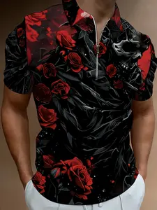 Men's Short Sleeve Printed Polo Shirt with Skull & Rose Pattern, Summer Trendy Half Zipper Top, Casual Beach Wear