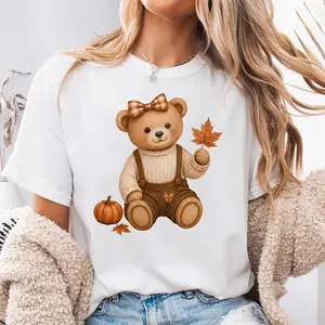 Cute Teddy Bear With Pumpkin And Maple Leaf Print, Neck Drop Shoulder T-Shirt, Autumn Fall Season Theme, Casual Daily Wear