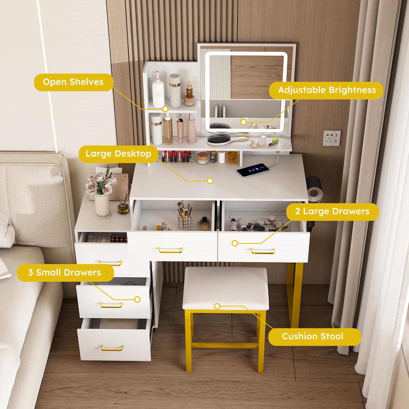 Makeup Vanity Desk with Mirror and Lights, Vanity Table Set with Storage Drawer & Open Shelves, 3 Lighting Colors, LED Adjustable Brightness White Makeup Vanity with Stool, White+Gold