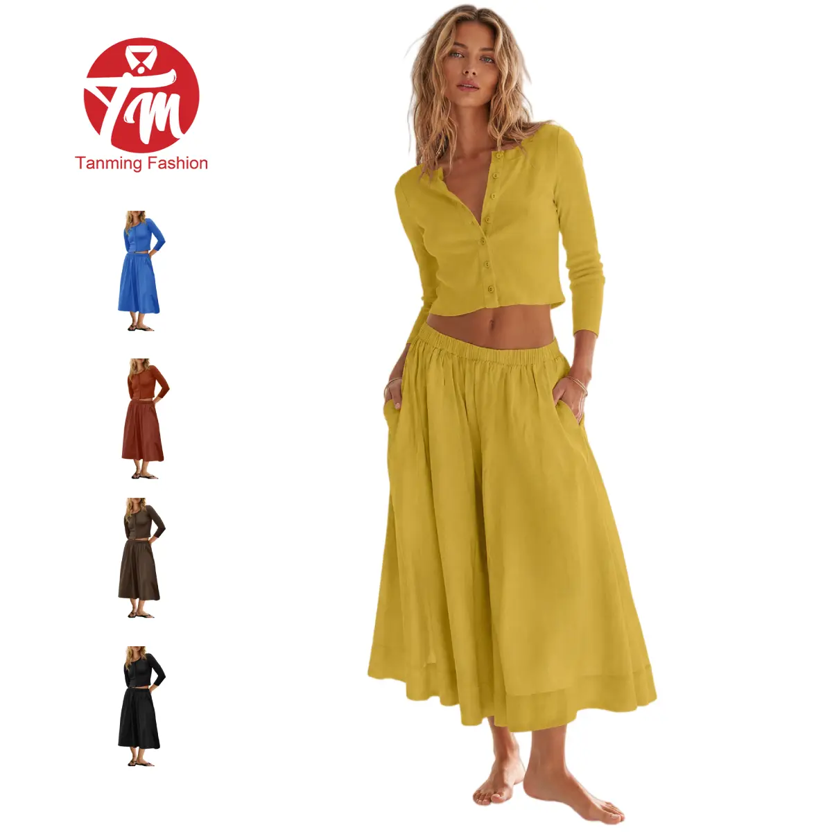 Tanming Women's 2-Piece Skirt Set, Lady Fitted Basic Outfit with 3/4 Sleeve Ribbed Knit Cardigan & Elastic Waist Midi Skirt, Casual Black Womenswear Suit, Women's Clothes, 2 Pcs Set, Sets For Women 2 Piece