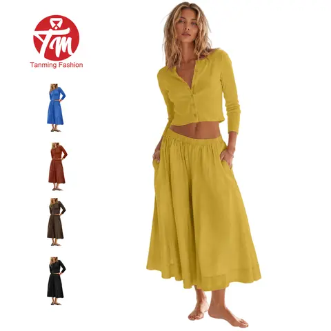 Tanming Womens Button Cardigan and Maxi Skirt Set - Long Sleeve V Neck Crop Top & High Waist Pocket Long Skirt - 2 Piece Matching Outfits Lounge Sets Tracksuits - Spring Summer Vacation Beach Casual Daily Streetwear