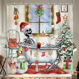 Christmas Shower Curtain Merry Xmas Funny Skull Skeleton Gothic Spooky in Bathtub Bathroom Decor Snowman Tree Winter Holiday Happy New Year Bath Curtain Fabric Polyester 12 Pack Hooks