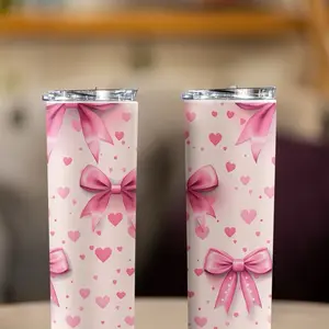 Pink Coquette 20oz Skinny Tumbler - Stylish Design with Pink Bows and Heart Patterns - Bottle, Drinkware Water Bottles Cup Washable Reusable