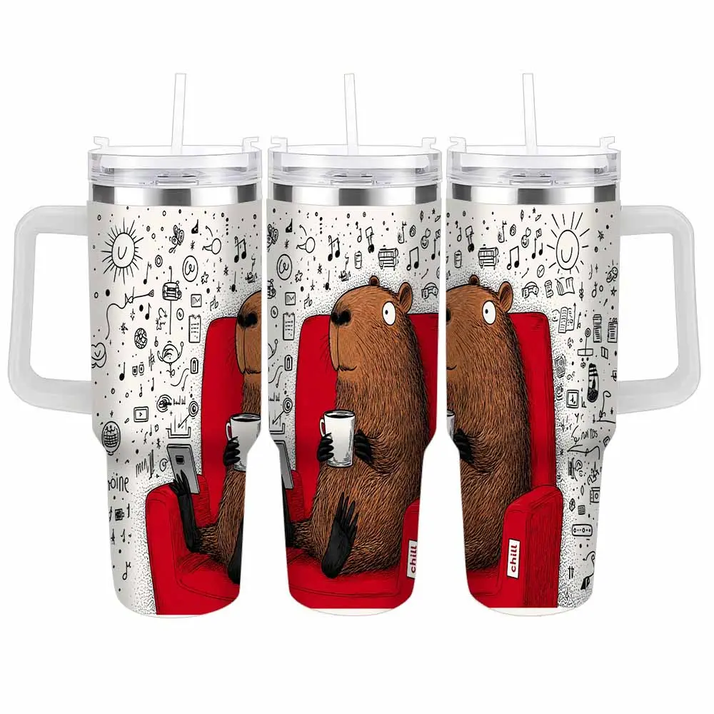 Chill Capybara Car Cup (40oz/30oz) Cozy Coffee Capybara Red Chair Doodle Print Leak Resistant Insulated Travel Tumbler for Commute Office Road Trip Camping Gift