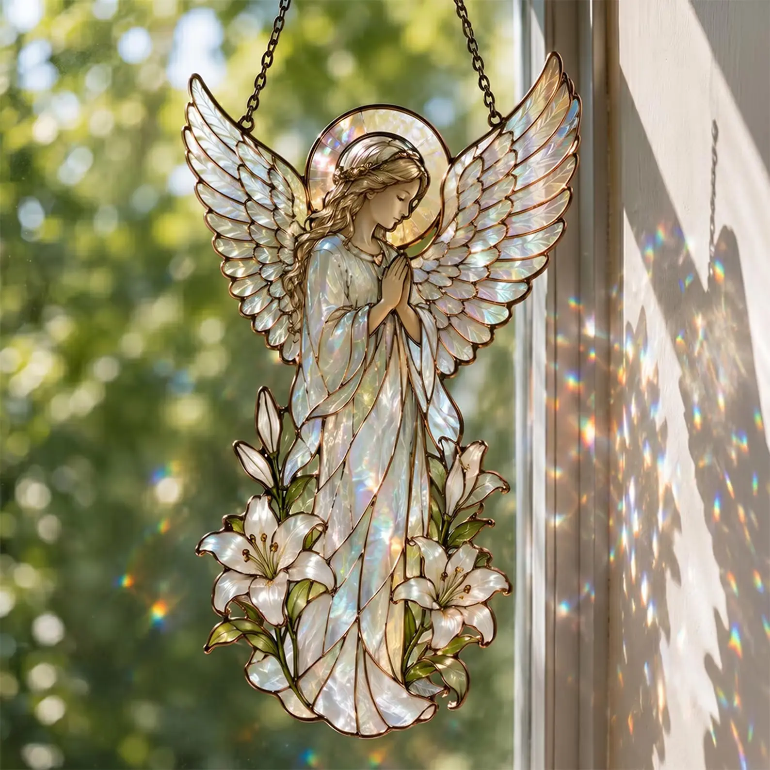 Guardian Angel Stained Glass Suncatcher Window Hanging, Iridescent Acrylic Rainbow Prism Maker Ornament with Lilies, Spiritual Christian Memorial Gift Home Decor