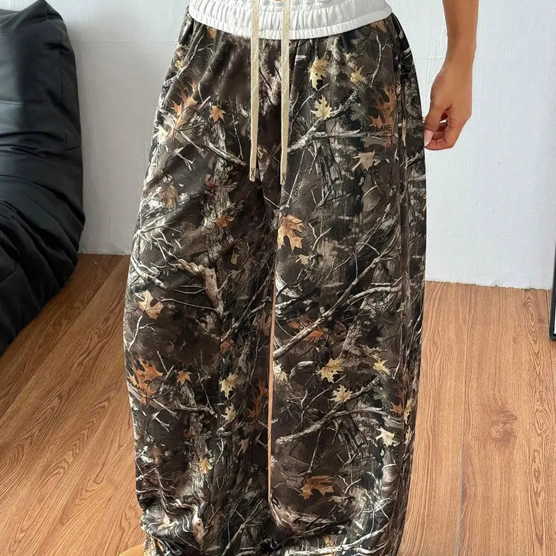 [Plus Size] All Over Print Plant Drawstring Waist Adjustable Uncuffed Sweatpants Bottoms, Casual Street Comfy Pants for Daily Wear, Women's Trousers for Fall & Winter, Baggy Legged Pants