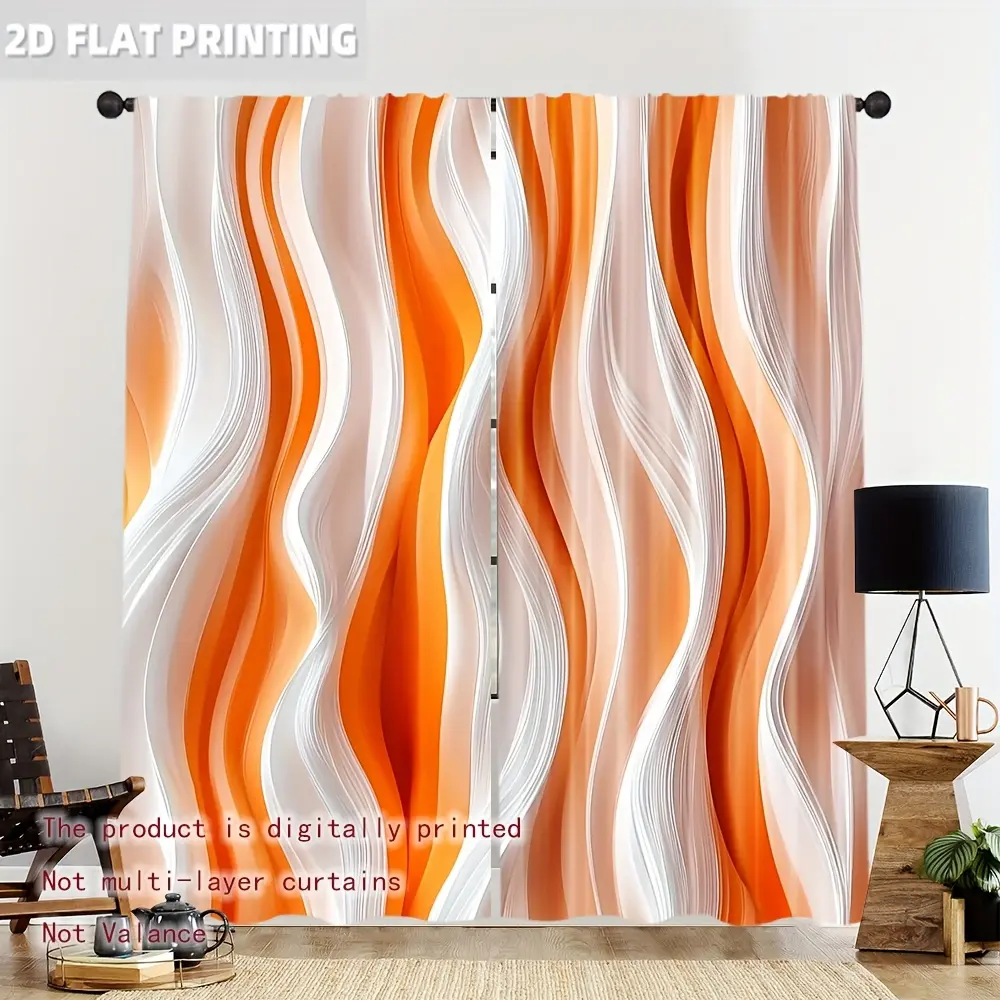 2-Piece set, Home Decorative Curtain, modern curtains, Room Decor Curtain, abstract orange and white striped design curtains, translucent privacy curtains, Window Drapes, wavy pattern, rod pocket installation, suitable for home decoration