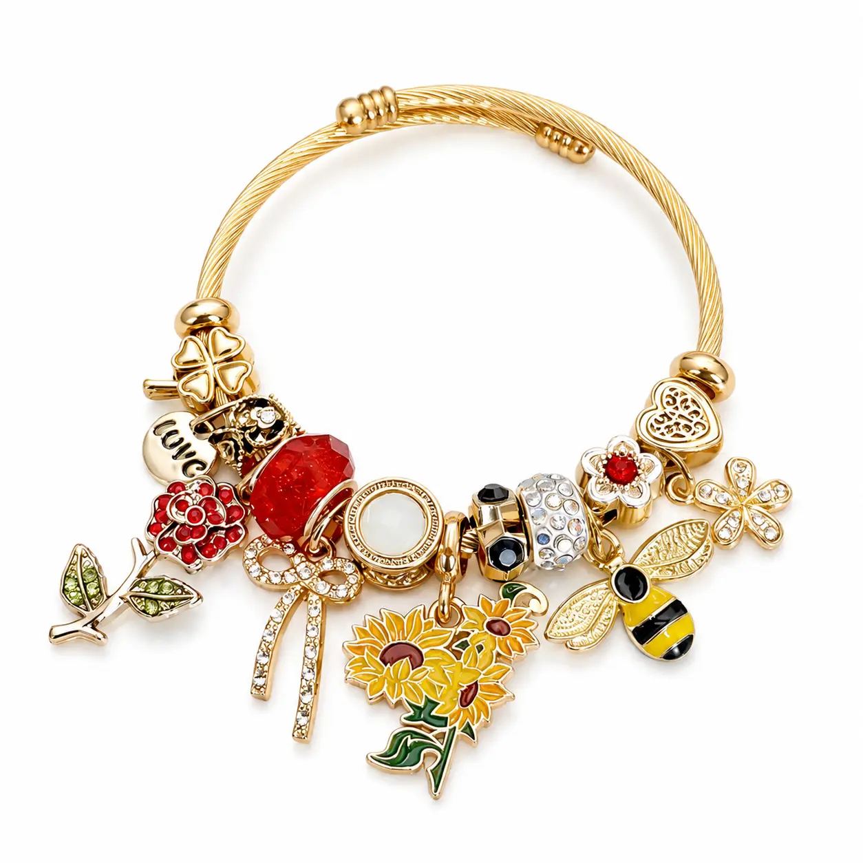 Colorful Floral Charm Bracelet for Women, Gold-Tone Adjustable Open Bangle with Sunflower, Bee, Flower & Heart Charms, Cute Jewelry Gift for Her