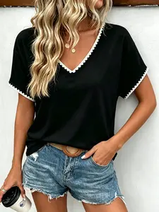 Women's Colorblock V-Neck Casual Short Sleeve Lightweight T-Shirt, Summer Basic Top, Loose-Fitting, Ideal for Daily Wear and Commuting, Womenswear