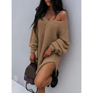 [Cozy V-Neck Sweater Dress] Cozy Off-Shoulder Sweater Dress for Women - High Stretch Acrylic Knit, Chic V-Neck, Lantern Sleeve, Asymmetrical Hem, Solid Color, Perfect for Fall/Winter Casual Womenswear Summer Comfort