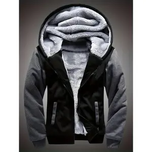 Boy's Thick Fleece Lining Jacket Warm Zip-Up Hooded Coat Casual Color Clash Zipper Hoodie For Fall & Winter Outdoor Activities Daily Wear School Runs Weekend Outings Comfortable Soft Fabric Wind-Resistant Design