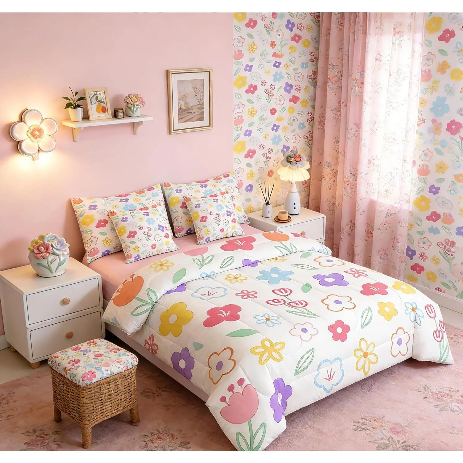 Cute Flower 7 Piece Bedding Set Colorful Floral Comforter Set with Sheets for Kids Boys Girls Cartoon Hand-Drawn Bed in a Bag Botanical Decor Bed Set Soft Lightweight