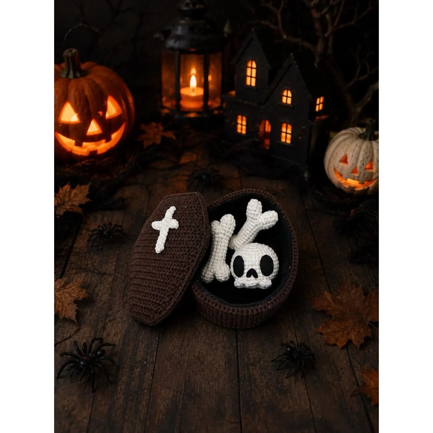 Handmade Crochet Coffin & Skeleton Set for Halloween Decor 5x3.5 Inches Premium Cotton Yarn Gothic Display Unique Gift