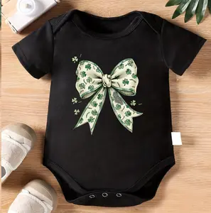 1pc Baby Crawling Suit - Beige Onesie with Vintage Shamrock Bow Print - Soft Cotton Outfit for Newborns & Toddlers 0-3 Years - Perfect St Patrick's Day Gift - Machine Washable Infant Wear