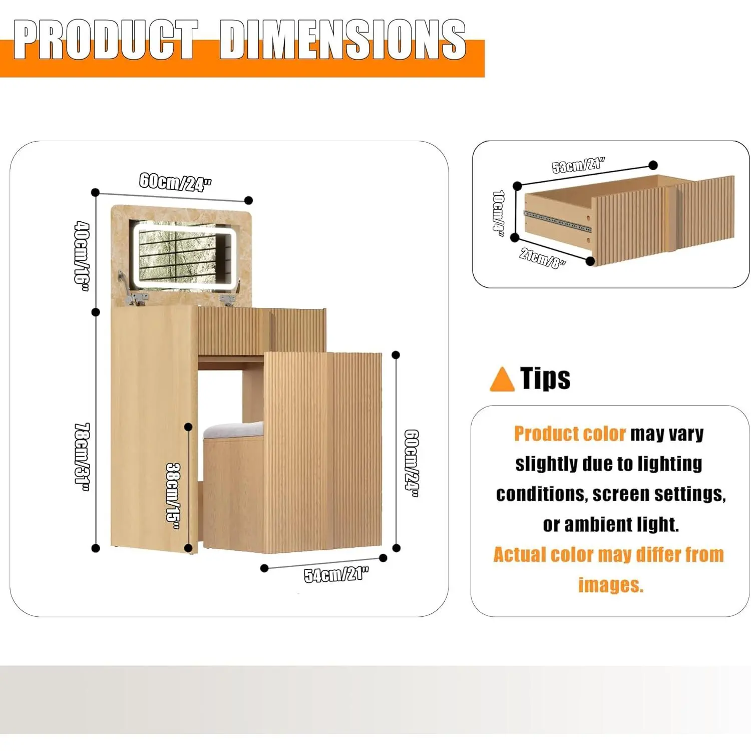 Compact Makeup Vanity Desk with Flip Top Mirror,3 in 1 Vanity Desk with Mirror and Lights,Hidden Storage Chair,Oak Makeup Vanity Table with Space-Saving for Small Bedrooms & Apartments,Light Oak