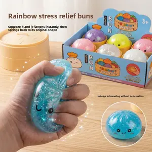 Giant Glitter Rainbow Dumpling Squishy with Steamer Box, Cute Anxiety Relief Fidget Toy, Soft Squeeze Decompression Dough for Adults, Collectible Shiny Pink Artificial Rose Bouquet Home Decor Figurine