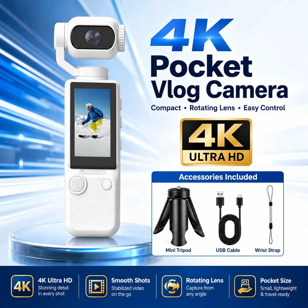 4K UHD Body Camera, Mini Video & Audio Pocket Cam, HD Camera, 2000mAh Long Battery Time, 16X Zoom, 180° Rotation for Outdoor Sport, Bike, Travel, Personal Civilians (Pocket Camera ). Ideal Gift for Xmas