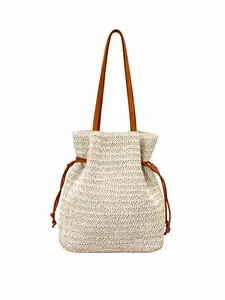 Straw Bucket Bag for Women, Woven Drawstring Shoulder Tote, Summer Beach Handbag, Large Capacity Vacation Boho Purse