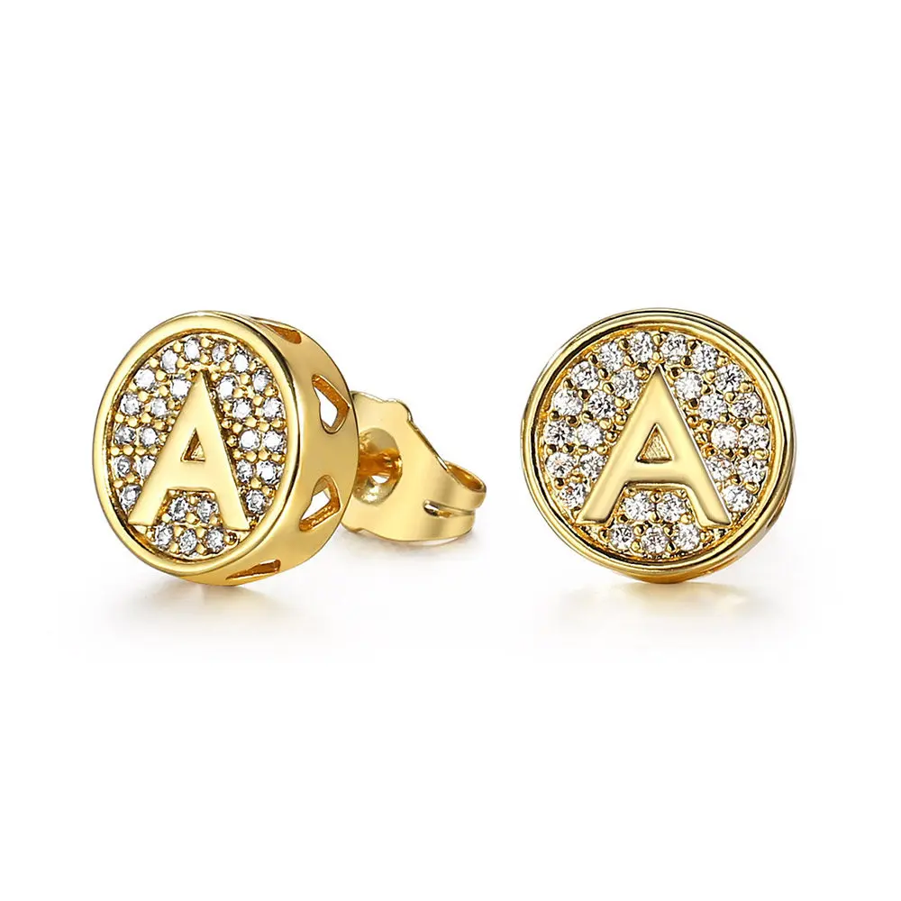 A-Z Initial Letter Stud Earrings for Men Women Unisex Gold Plated CZ Alphabet Stud Earrings