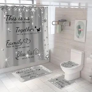 1/4pcs Sparkling Diamond Letter Printed Shower Curtain for Bathroom luxury grey Shower Curtains Set with bath mats rugs Non-slip carpet Toilet Lid Cover home Decor Bathtub Partition Bathroom Accessories