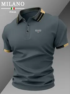 Men's Milan Logo Print Polo Shirt, Elastic Casual Breathable All-Season Wear, Comfortable Durable High-End Fitted Collared Top