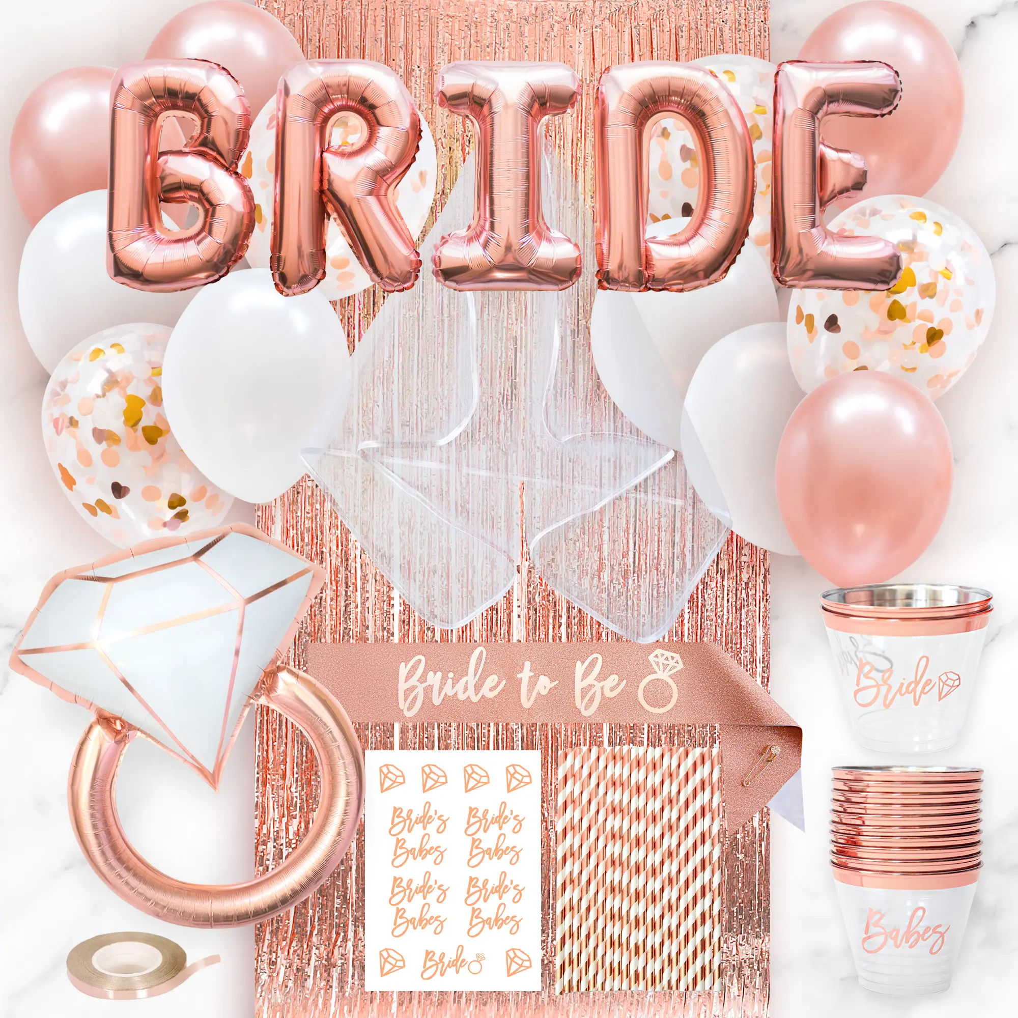 66 Piece Rose Gold Bachelorette Party Decorations Kit, Fun Bridal Shower Pack, Bride to Be Sash, Rose Gold Cups, Veil, Bride & Ring Balloons, Premium Bridal Decor for Shower Metallic Curtains Pearl Photo