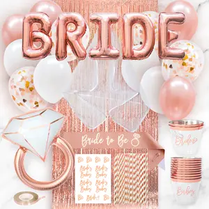 66 Piece Rose Gold Bachelorette Party Decorations Kit, Fun Bridal Shower Pack, Bride to Be Sash, Rose Gold Cups, Veil, Bride & Ring Balloons, Premium Bridal Decor for Shower Metallic Curtains Pearl Photo