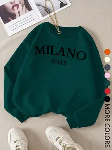 New Creative Simple Cartoon Letter Casual Trendy Printed Basic Versatile Hoodie Pullover, Long Sleeve Round Neck Sweatshirt for Women, Tops